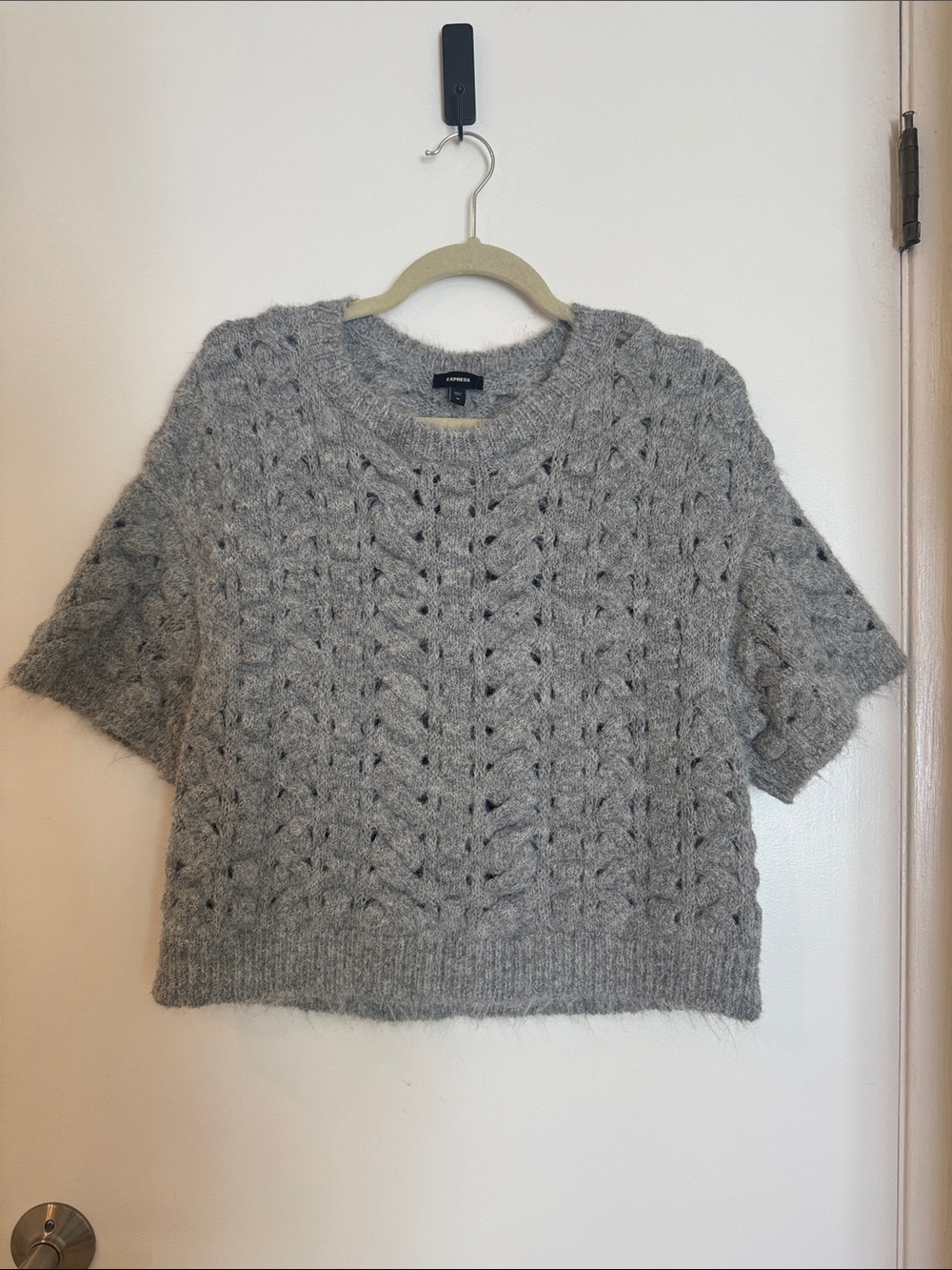 Express Gray Short-Sleeve Cable Knit Sweater
